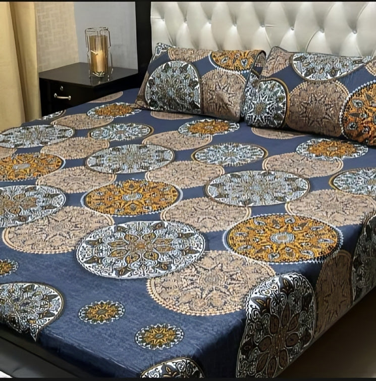 Elegant Beige Floral & Geometric Printed Bed Sheet Set with Pillow Covers