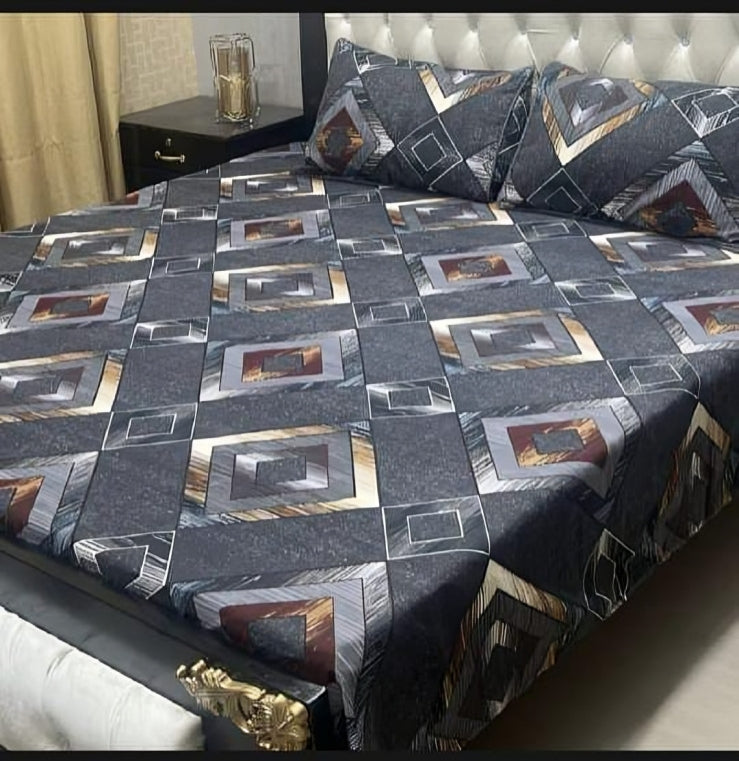 Vibrant Blue & Green Floral Striped Bed Sheet Set with Pillow Covers